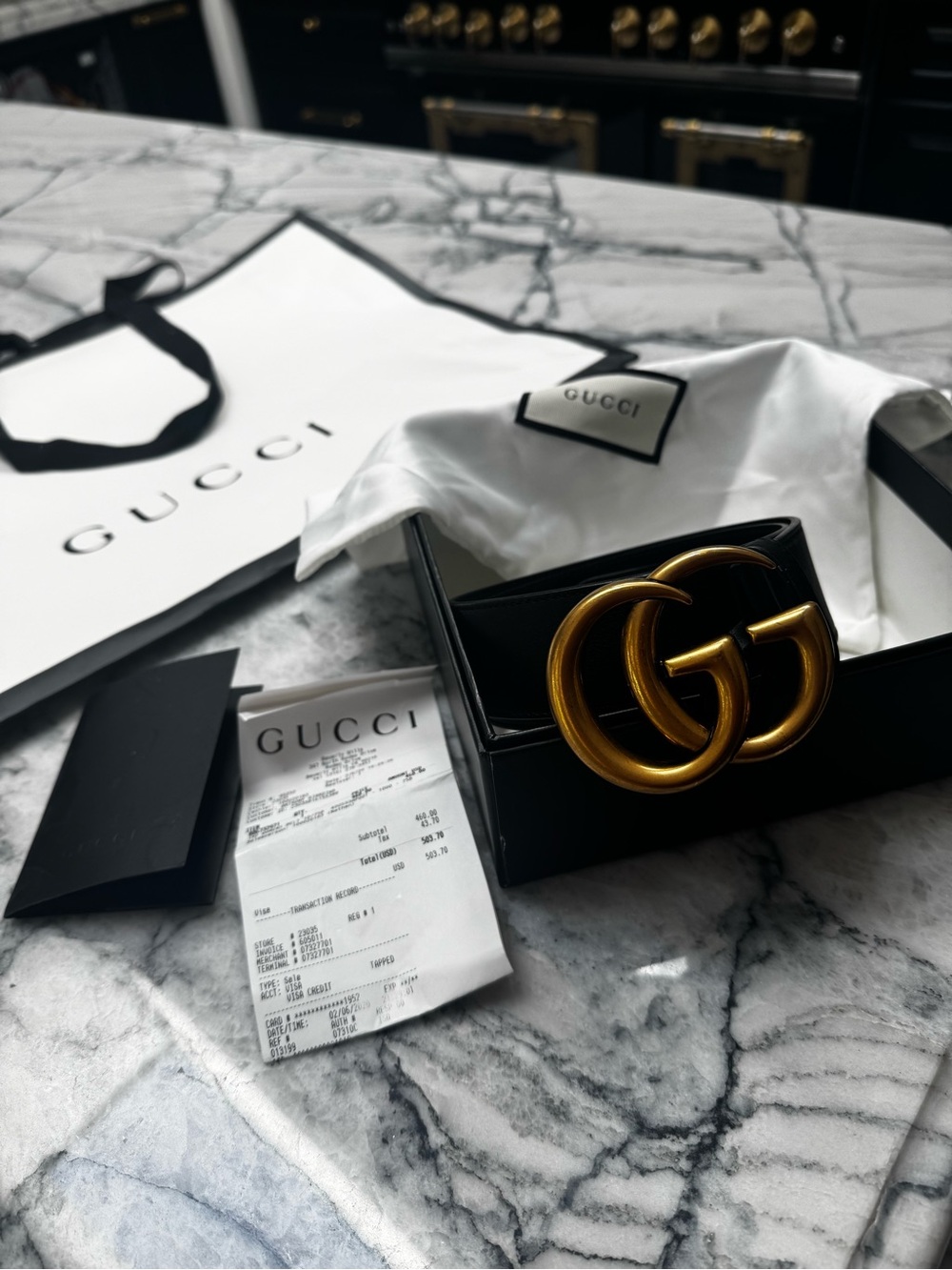 Gucci Black Leather Marmont Wide Belt with Gold Double G Logo Buckle